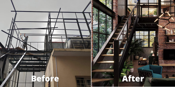 Trước và sau phần nghỉ ngơi trong cải tạo nhà thành căn hộ Duplex